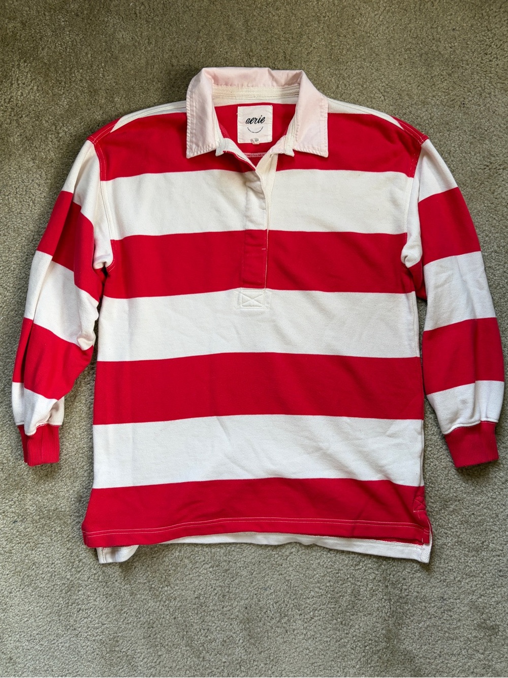 Aerie Oversized Long Sleeve red White Striped Rugby Polo Shirt